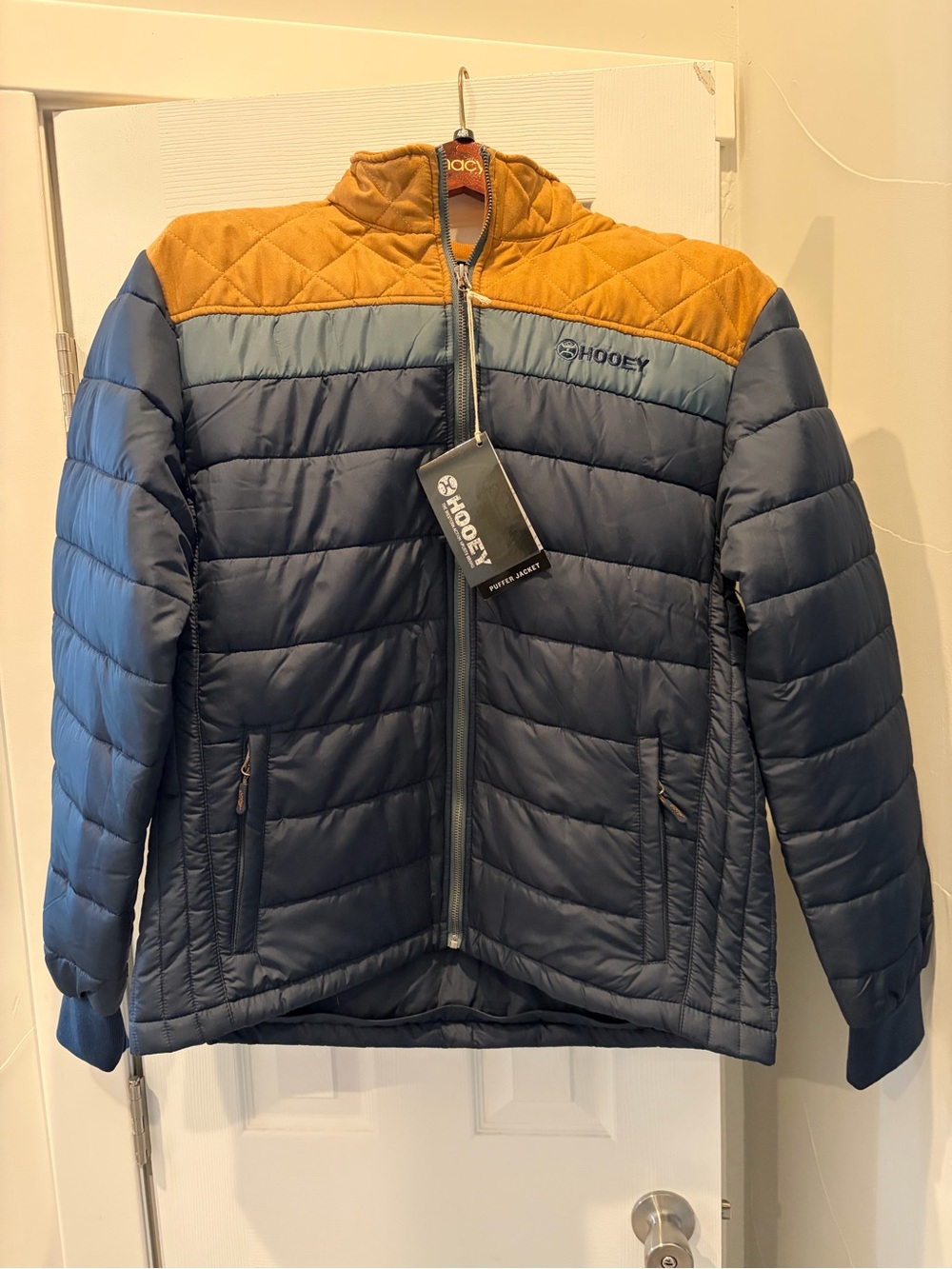 Hooey Quilted Puffer Jacket in Navy and Mustard